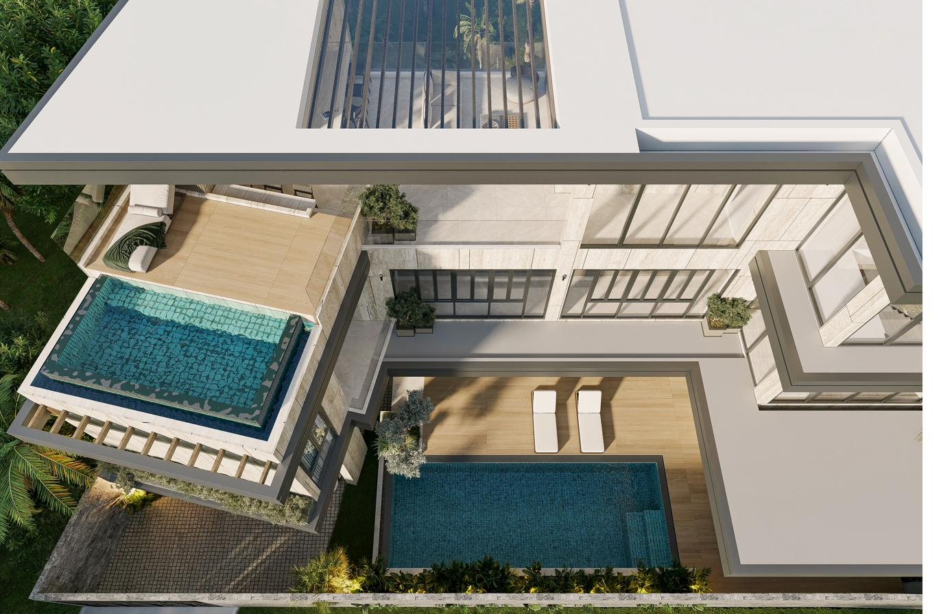 Villa Costera Wongamat rooftop and ground pools aerial